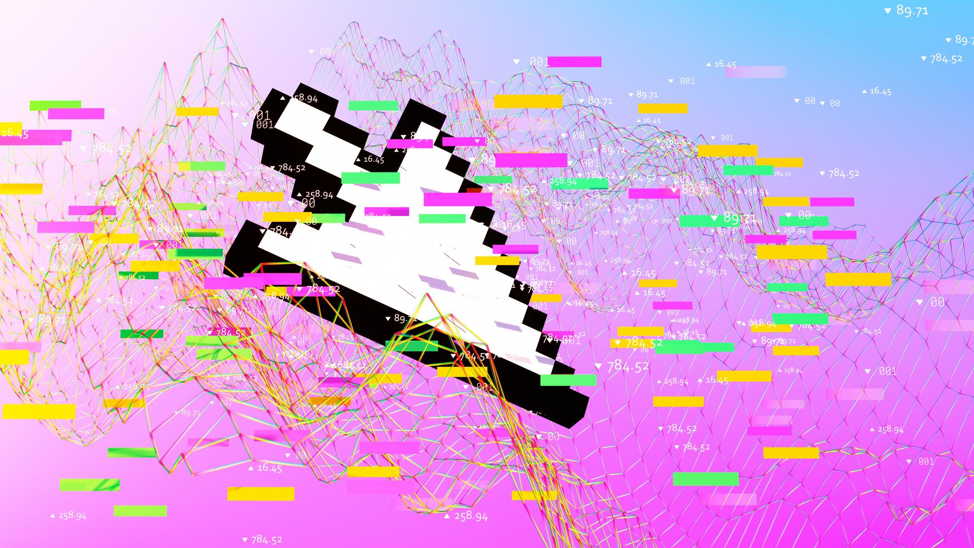 Digital generierte Illustration eines großen Computercursors, der über einer chaotisch anmutenden Datenmenge schwebt.