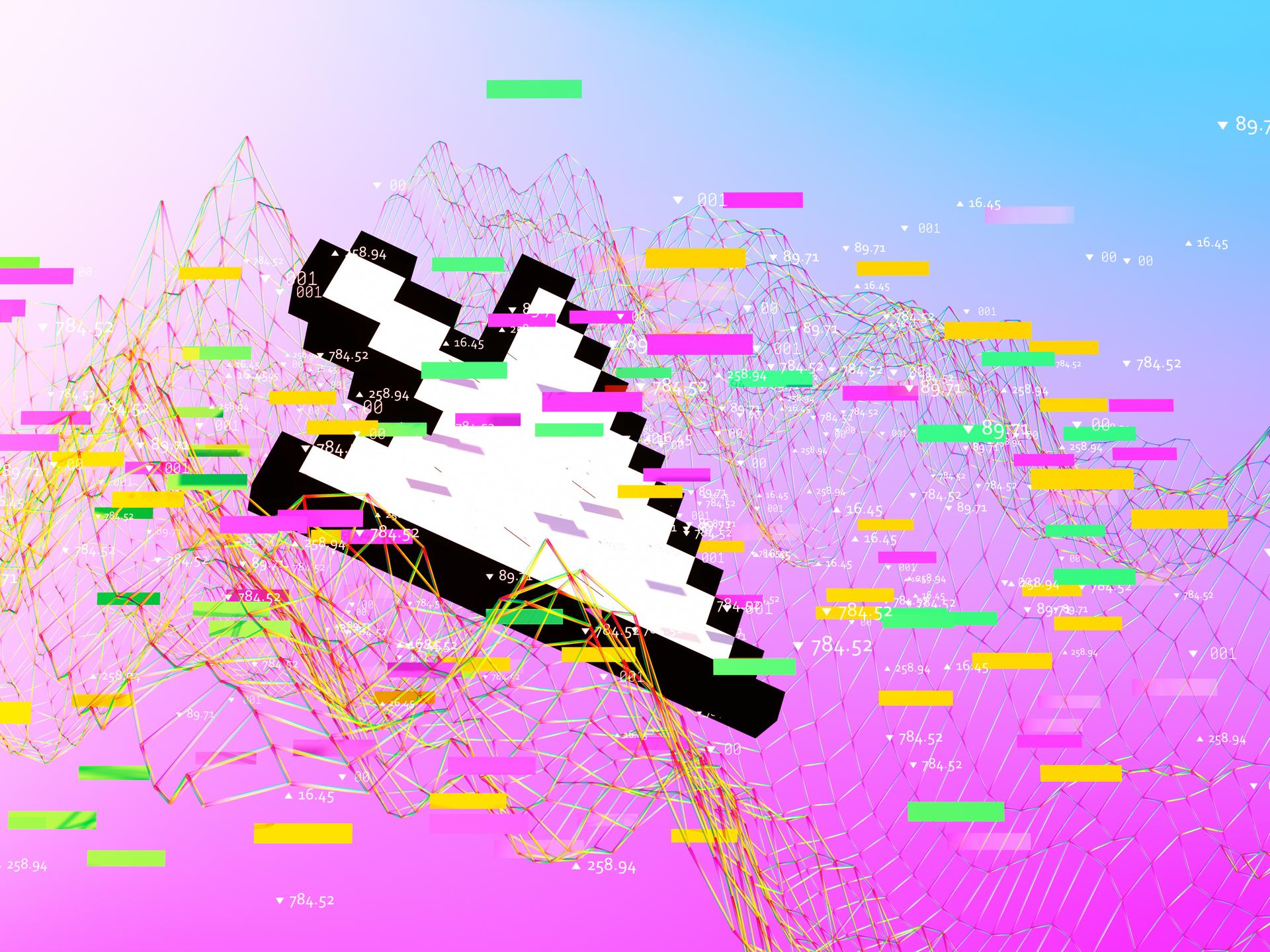 Digital generierte Illustration eines großen Computercursors, der über einer chaotisch anmutenden Datenmenge schwebt.