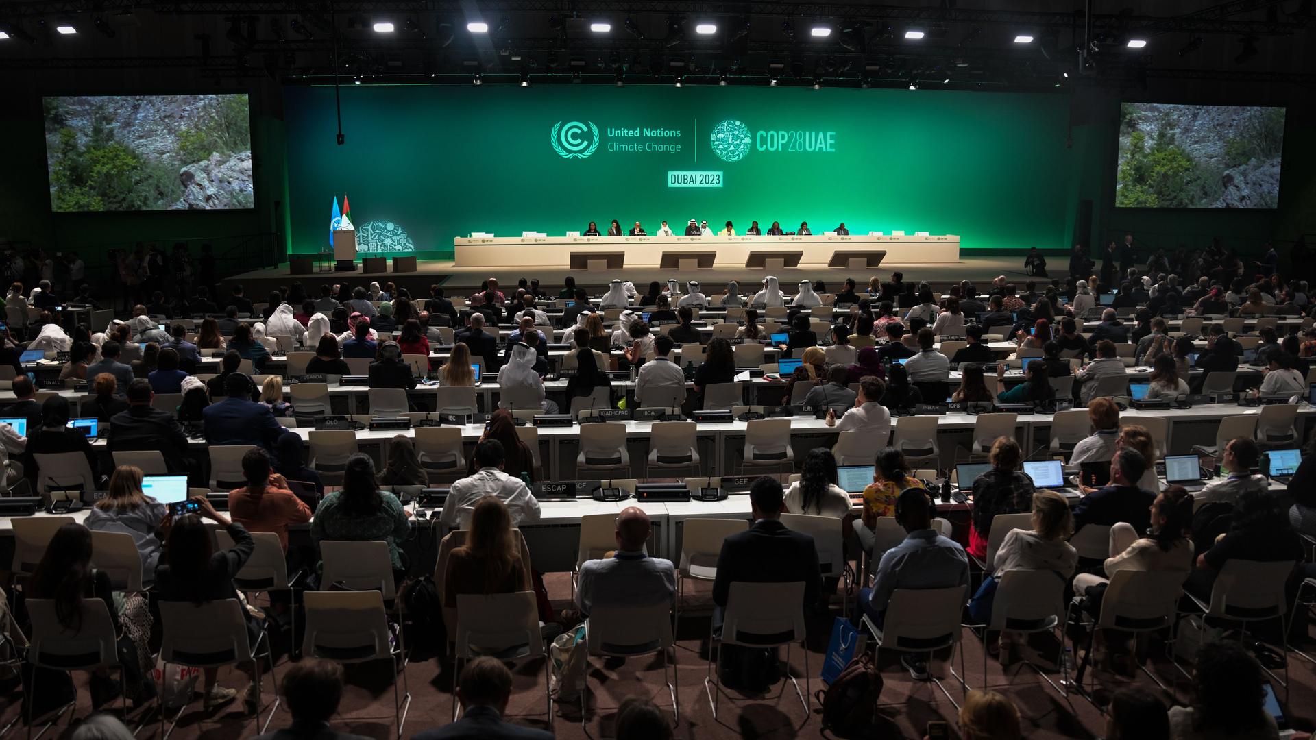 Vereinigte Arabische Emirate, Dubai: Blick auf die Bühne während Sultan al-Dschaber, Präsident der COP 28, eine Sitzung auf dem UN-Klimagipfel COP 28 leitet. Vereinigte Arabische Emirate, Dubai: Blick auf die Bühne während Sultan al-Dschaber, Präsident der COP 28, eine Sitzung auf dem UN-Klimagipfel COP 28 leitet.