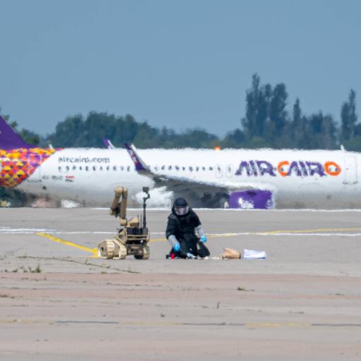 Leipziger Flughafen Schkeuditz - Sprengstoff an Drohne wird von einem Experten mithilfe eines Roboters entschärft. Im Hintergrund steht ein Flugzeug.