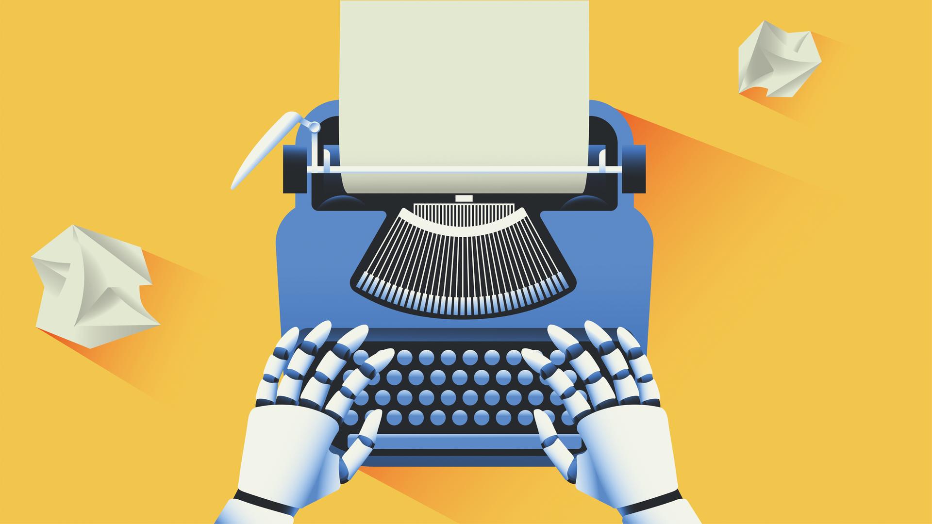 Illustration von Roboterhänden, die auf einer Schreibmaschine tippen
