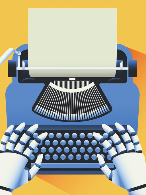 Illustration von Roboterhänden, die auf einer Schreibmaschine tippen