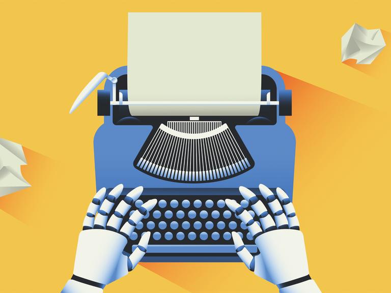 Illustration von Roboterhänden, die auf einer Schreibmaschine tippen