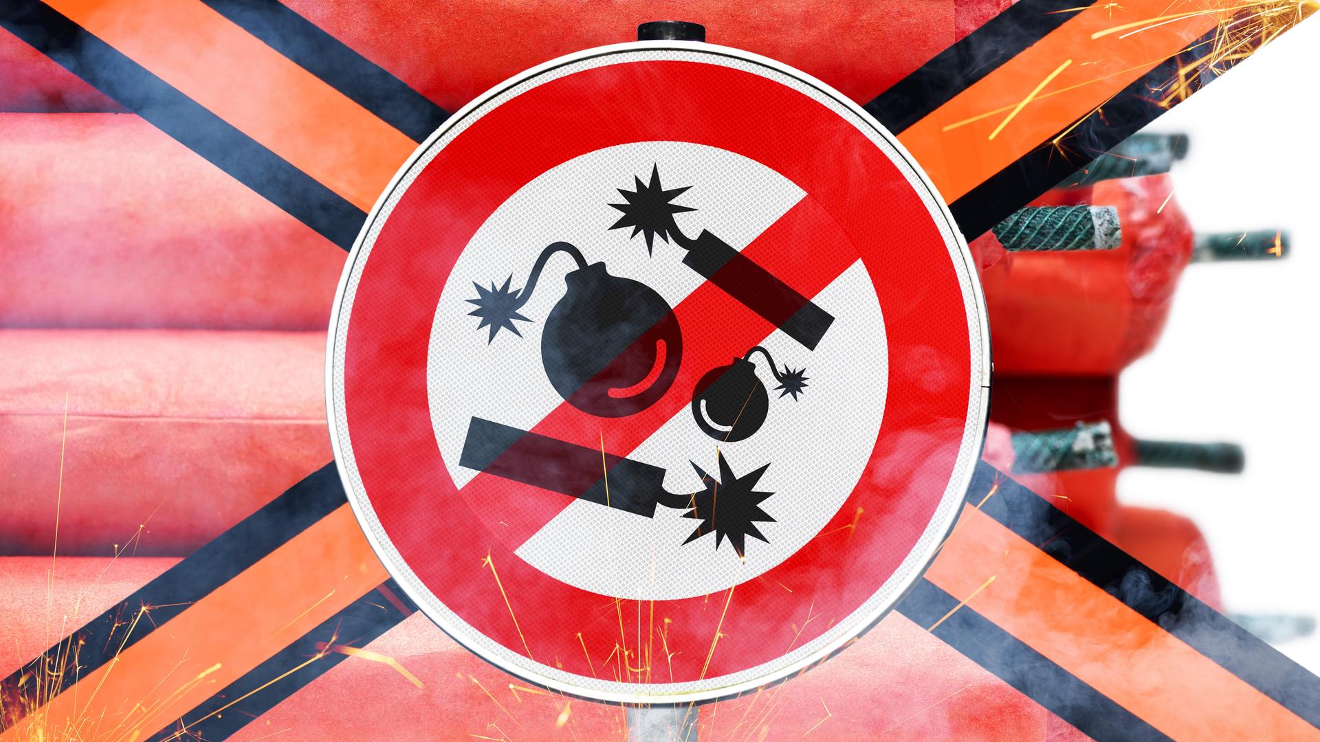 Schild mit durchgestrichenen Böllern und Kugelbomben