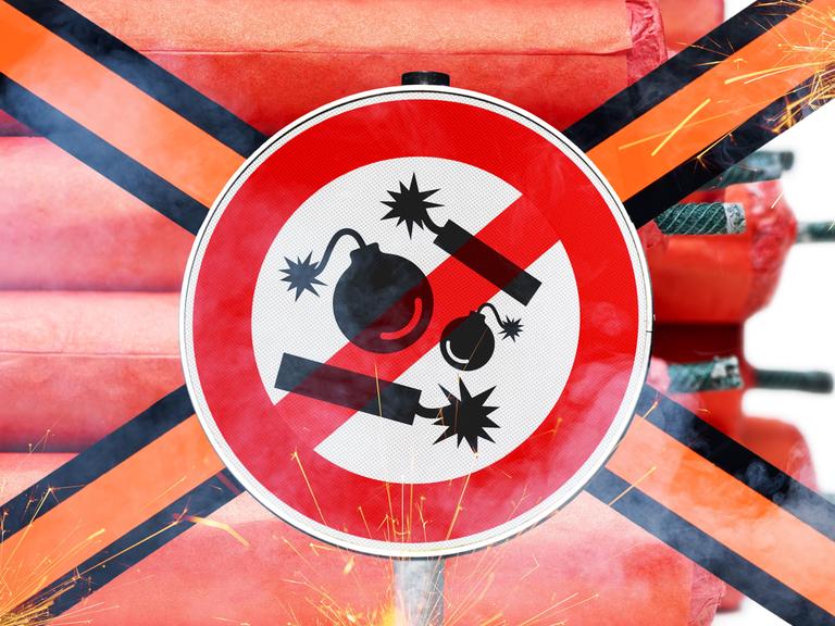 Schild mit durchgestrichenen Böllern und Kugelbomben Schild mit durchgestrichenen Böllern und Kugelbomben