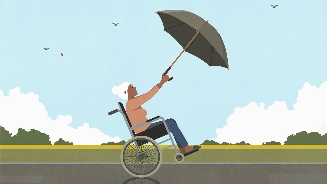 Ilustration einer älteren Frau im Rollstuhl, die einen einen Regenschirm als Segel in einer windigen Landschaft nutzt Ilustration einer älteren Frau im Rollstuhl, die einen einen Regenschirm als Segel in einer windigen Landschaft nutzt