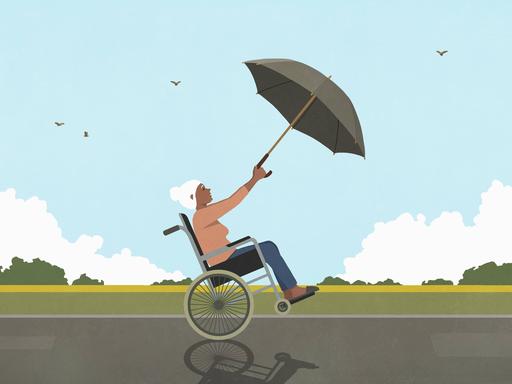 Ilustration einer älteren Frau im Rollstuhl, die einen einen Regenschirm als Segel in einer windigen Landschaft nutzt