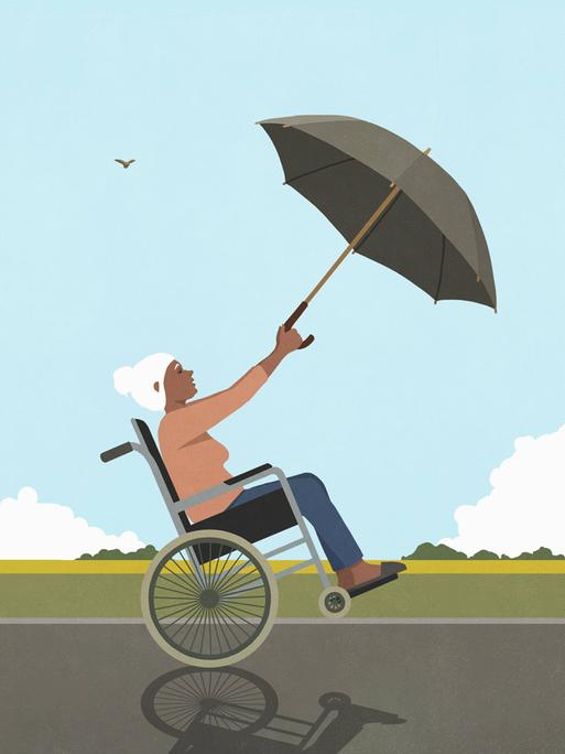 Ilustration einer älteren Frau im Rollstuhl, die einen einen Regenschirm als Segel in einer windigen Landschaft nutzt