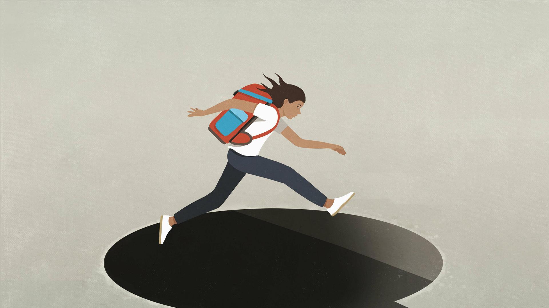 Schülerin springt über ein Loch in Form einer Sprechblase