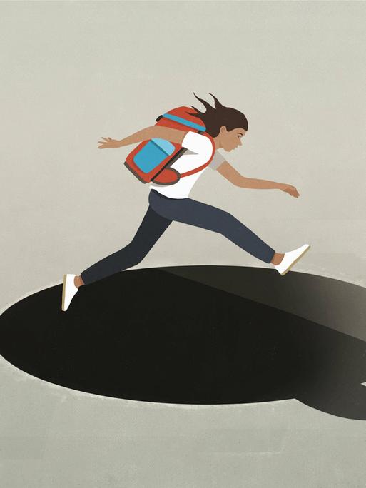 Schülerin springt über ein Loch in Form einer Sprechblase