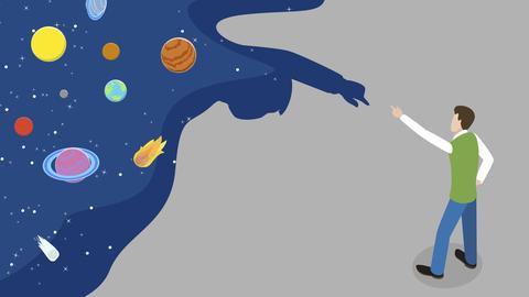Illustration eines Menschen, der auf ein Universum mit Planeten, Sternen und Kometen vor blauem Hintergrund zeigt, das wie sein Schatten geformt ist. Illustration eines Menschen, der auf ein Universum mit Planeten, Sternen und Kometen vor blauem Hintergrund zeigt, das wie sein Schatten geformt ist.