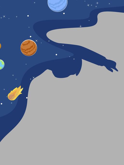 Illustration eines Menschen, der auf ein Universum mit Planeten, Sternen und Kometen vor blauem Hintergrund zeigt, das wie sein Schatten geformt ist.