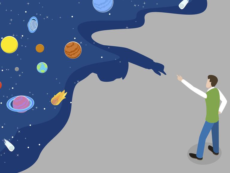 Illustration eines Menschen, der auf ein Universum mit Planeten, Sternen und Kometen vor blauem Hintergrund zeigt, das wie sein Schatten geformt ist.
