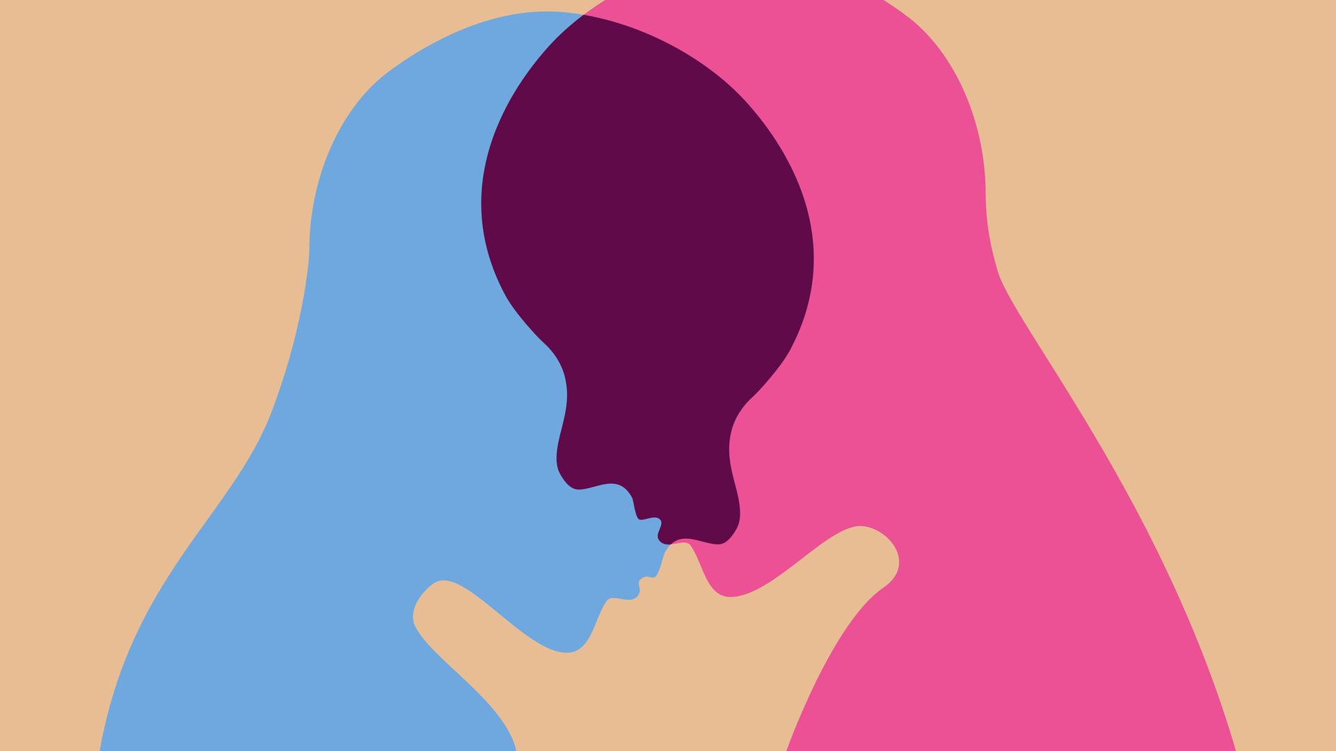 Illustration zweier Personen im Profil, deren einander gegenüber stehende Gesichter sich überlappen. Illustration zweier Personen im Profil, deren einander gegenüber stehende Gesichter sich überlappen.