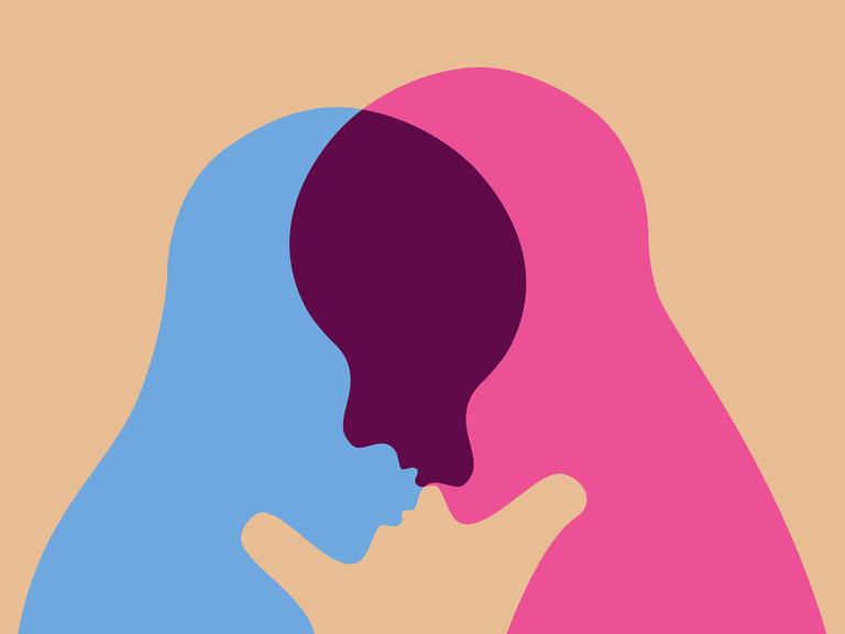 Illustration zweier Personen im Profil, deren einander gegenüber stehende Gesichter sich überlappen.