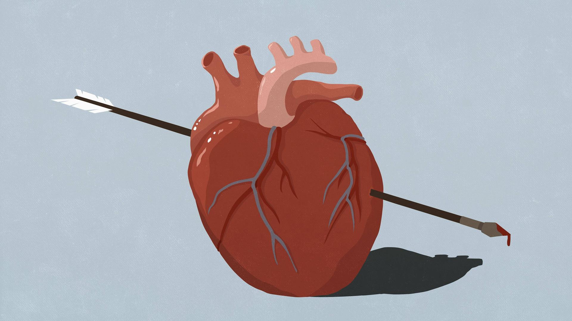 Illustration von einem Pfeil, der durch ein Herz schießt. Blut tropft von der Spitze.