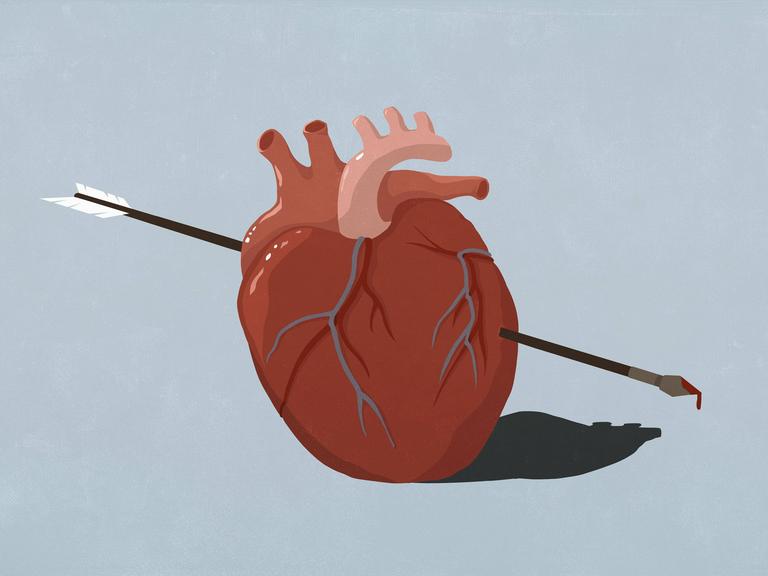 Illustration von einem Pfeil, der durch ein Herz schießt. Blut tropft von der Spitze.