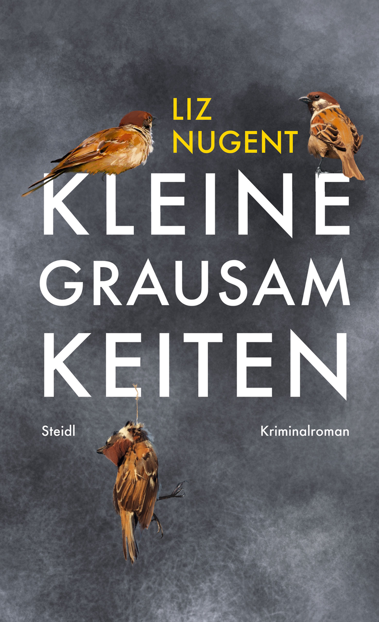 Auf dem Titel des Buchcovers sitzen zwei Vögel, an einem unteren Buchstaben hängt ein erhängter Vogel.