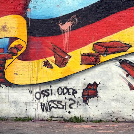 Ein Passant geht an einem Wandbild von Caspar Kirchner mit der deutschen Nationalflagge und dem Schriftzug "Ossi oder Wessi? vorbei. 
