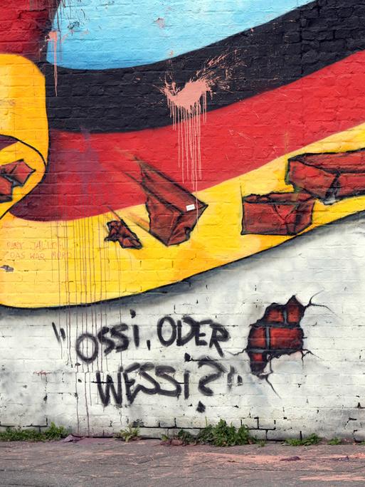 Ein Passant geht an einem Wandbild von Caspar Kirchner mit der deutschen Nationalflagge und dem Schriftzug "Ossi oder Wessi? vorbei. 
