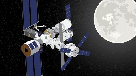 Illustration der fliegenden Mondstation, im Hintergrund ist der Mond zu sehen.