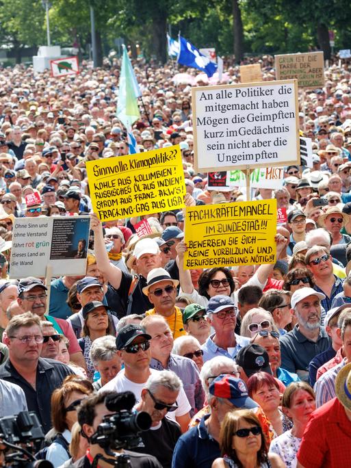 Blick auf eine große Menge von Demonstranten. Manche halten Schilder mit Aufschriften wie "Vernunft vor Ideologie - Schluss mit dem grünen Schwachsinn!" in die Höhe.