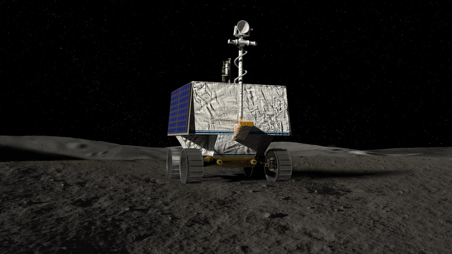 Der Rover der VIPER-Mission unterwegs in der Nähe des Mondsüdpols (Illustration) 