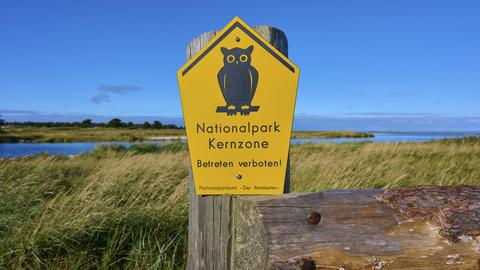 Ein gelbes Warnschild mit Eule in einem Nationalpark. Im Hintergrund ist eine Küstenlandschaft zu sehen. Ein gelbes Warnschild mit Eule in einem Nationalpark. Im Hintergrund ist eine Küstenlandschaft zu sehen.