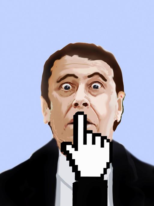 Symbolbild für Sprechen und Schweigen. Ein Mann mit erschrockener Miene hat einen Computercursor in Form einer Hand vor sich, der ihm den Zeigefinger auf die Lippen legt
