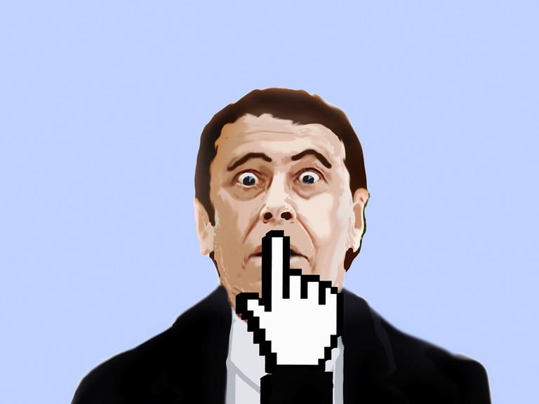 Symbolbild für Sprechen und Schweigen. Ein Mann mit erschrockener Miene hat einen Computercursor in Form einer Hand vor sich, der ihm den Zeigefinger auf die Lippen legt