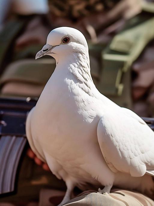 Eine symbolische Friedenstaub sitzt auf dem Bein eines Soldaten. 
