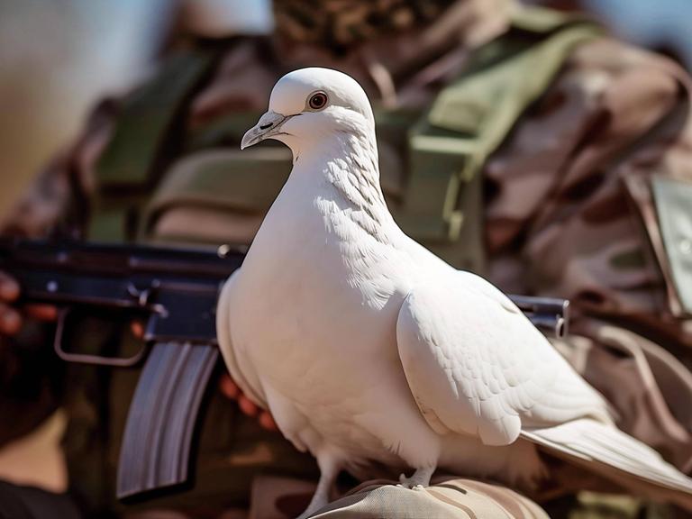 Eine symbolische Friedenstaub sitzt auf dem Bein eines Soldaten. 