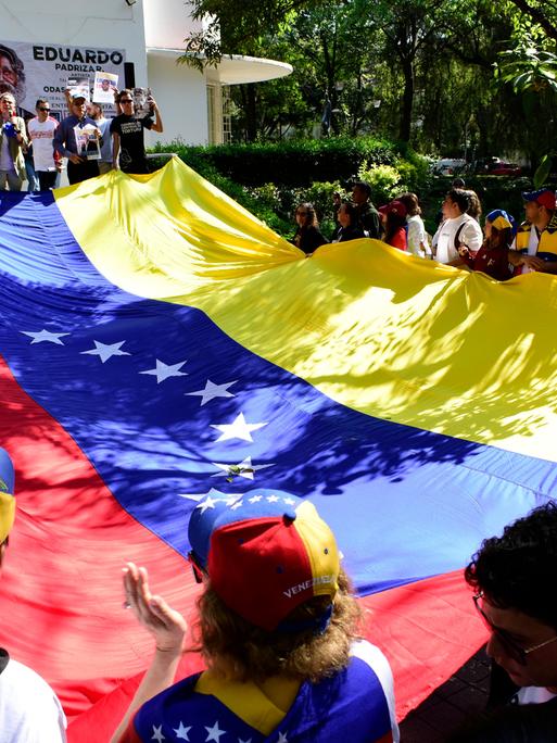 Dutzende Venezolanerinnen und Venezolaner halten gemeinsam eine große venezolanische Flagge.