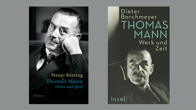 Die beiden Buchcover zu Dieter Borchmeyer: "Thomas Mann: Werk und Zeit" / Hanjo Kesting: "Thomas Mann: Glanz und Gloria"