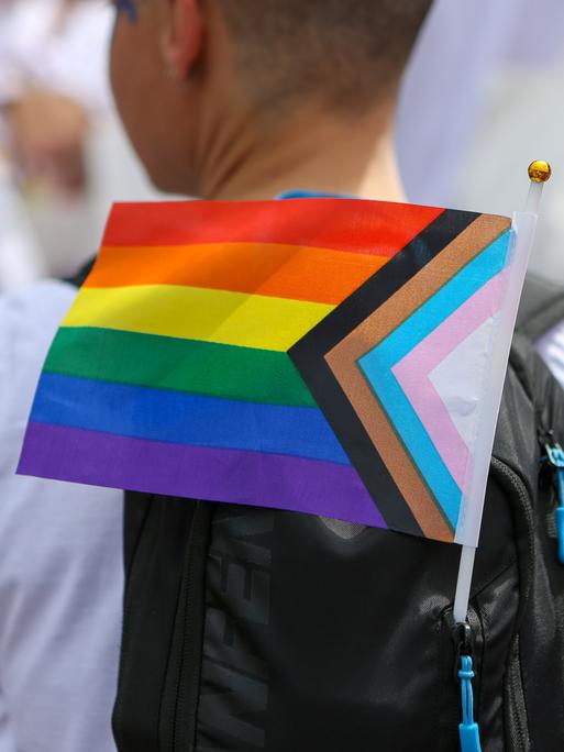 Eine Person nimmt mit einer Pride-Flagge am Rucksack an einer Demonstration teil.