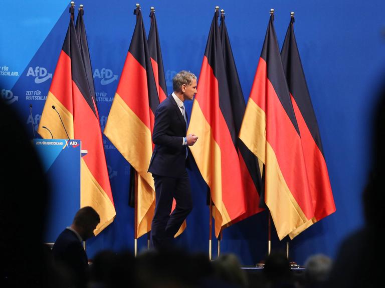 Björn Höcke läuft auf einer Bühne an aneinander aufgereihten Deutschlandflaggen vorbei.