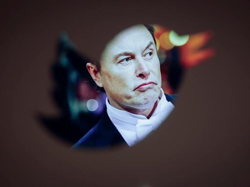 Elon Musk hinter einem Twitter-Logo