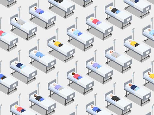 Eine Illustration zeigt ein überfülltes Krankenhaus mit eng stehenden Krankenhausbetten