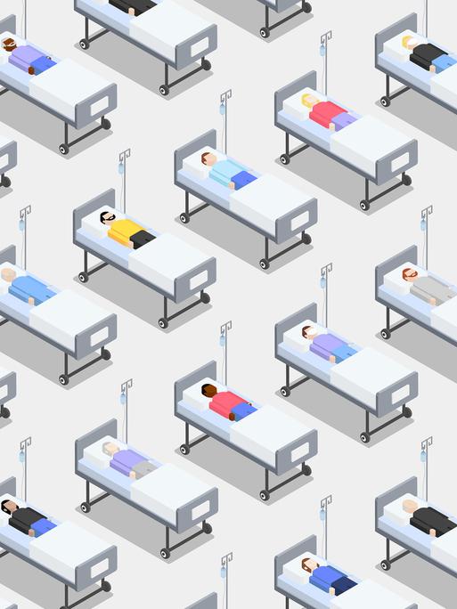 Eine Illustration zeigt ein überfülltes Krankenhaus mit eng stehenden Krankenhausbetten