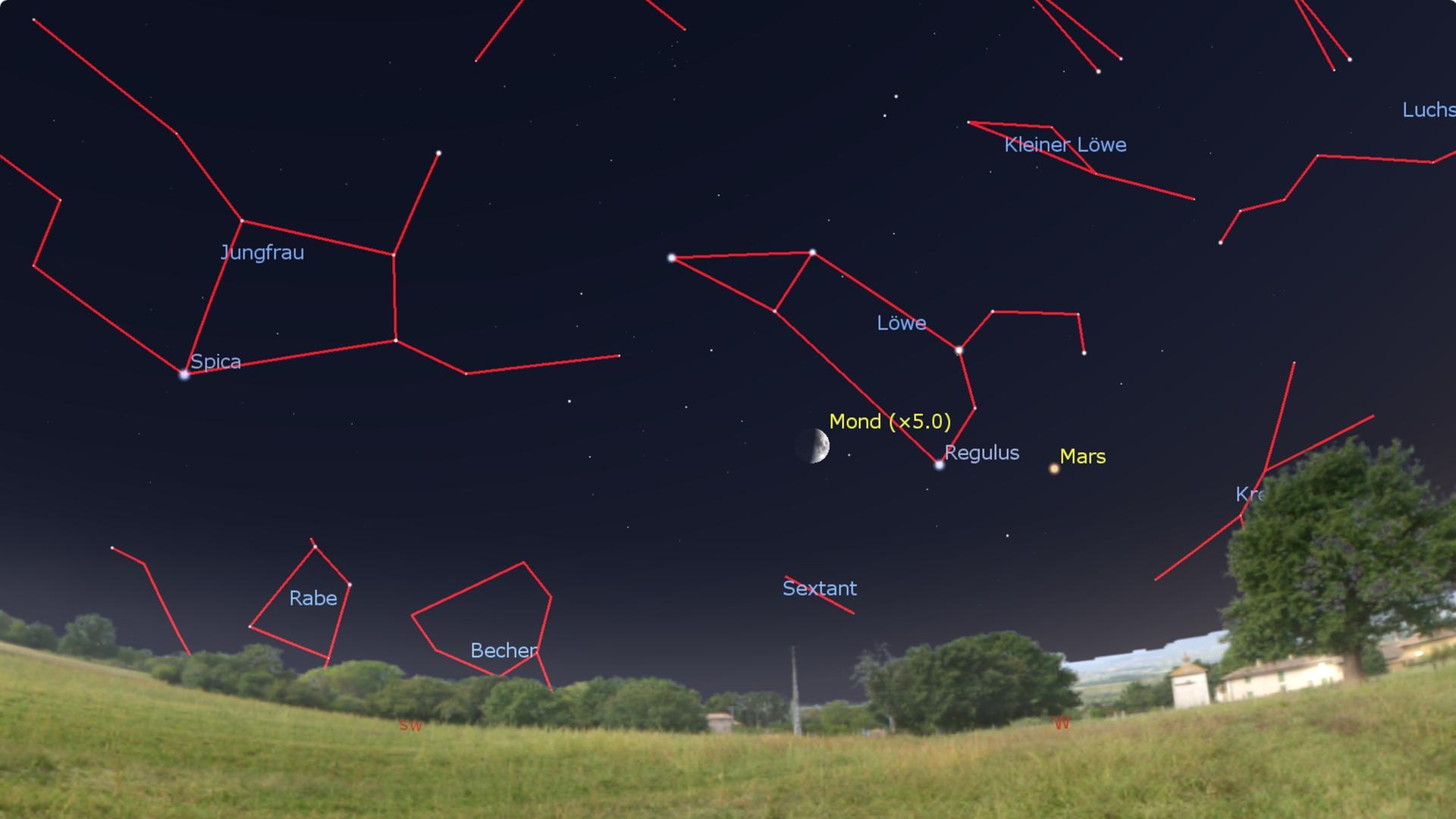 Eine Stern-/Planetenkonstellation am Abendhimmel: Mit roten Strichen sind Mond, Stern Regulus und Planet Mars kenntlich gemacht. Eine Stern-/Planetenkonstellation am Abendhimmel: Mit roten Strichen sind Mond, Stern Regulus und Planet Mars kenntlich gemacht.
