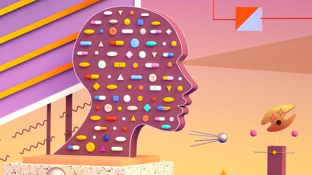 Digital generiertes Bild zeigt einen stilisierten Kopf mit Pillen und Medikamenten. Drumherum geometrische Objekte in verschiedenen Farben.