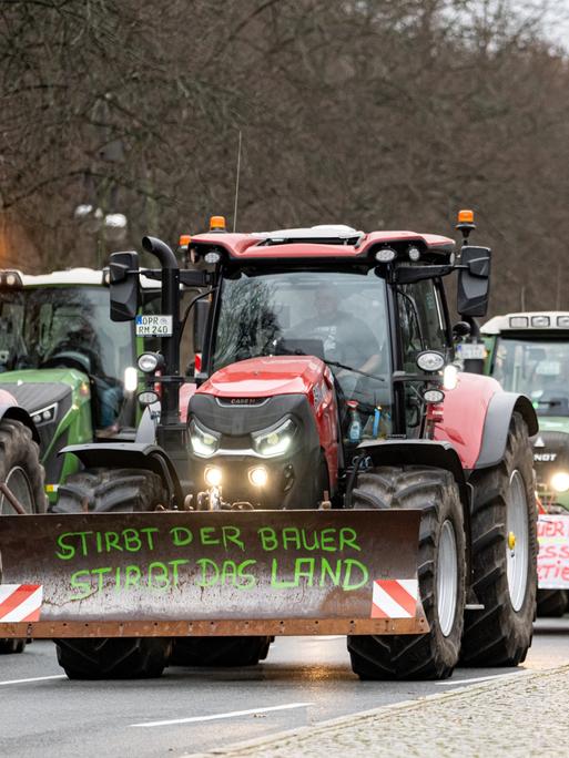 Landwirte nehmen mit Traktoren mit der Aufschrift "Stirbt der Bauer stirbt das Land" auf einer Demonstration des Deutschen Bauernverbandes unter dem Motto "Zu viel ist zu viel! Jetzt ist Schluss!" teil. Anlass sind die Pläne der Bundesregierung, den Agrardiesel und die Kfz-Steuerbefreiung für die Land- und Forstwirtschaft zu streichen.