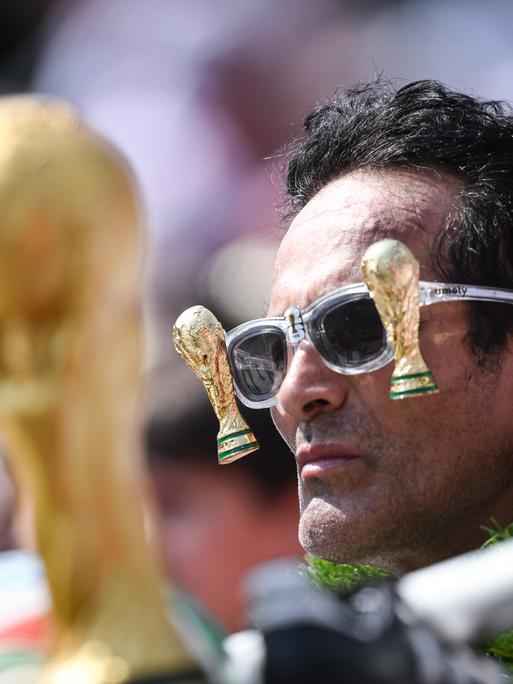 Ein mexikanischer Fans mit kleinen WM-Pokalen an der Sonnenbrille beim Testspiel USA-Deutschland im Soldier Field Stadion in Chicago Ein mexikanischer Fans mit kleinen WM-Pokalen an der Sonnenbrille beim Testspiel USA-Deutschland im Soldier Field Stadion in Chicago