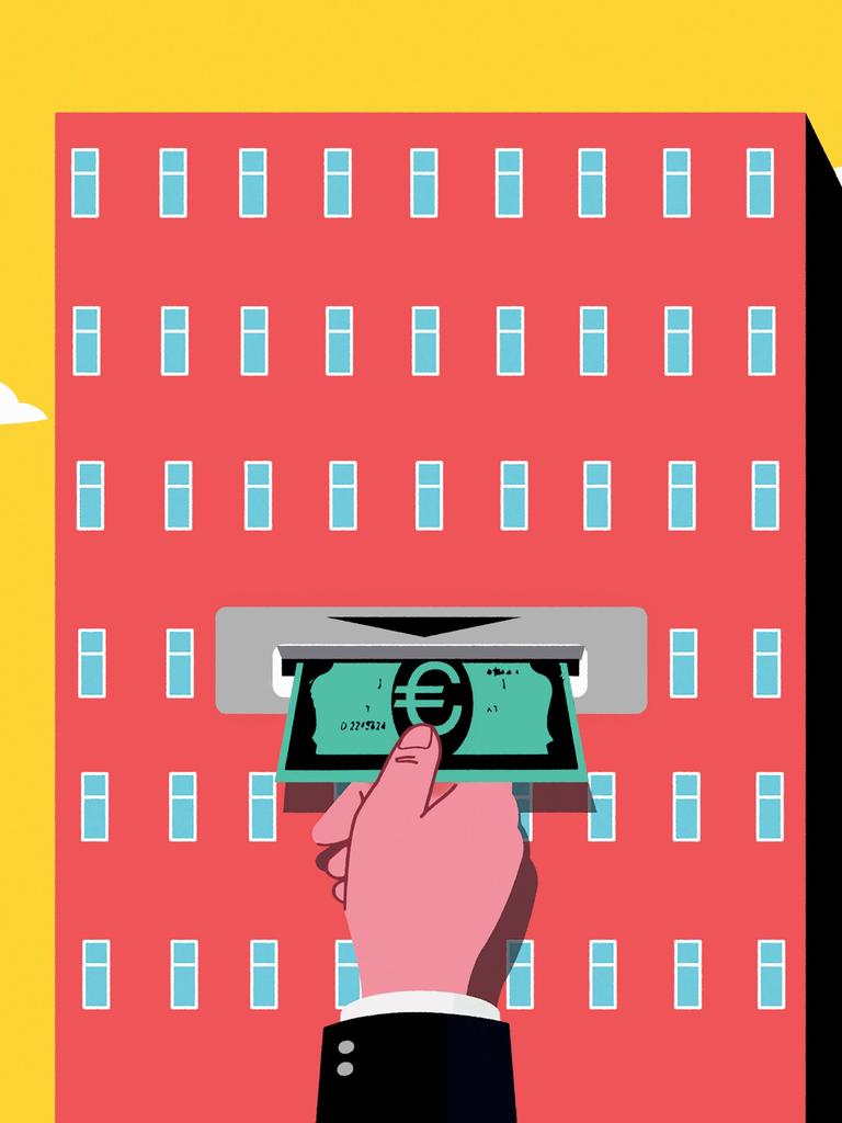 Illustration: Eine Hand steckt einen Euro-Schein in den Schlitz einer Bank.