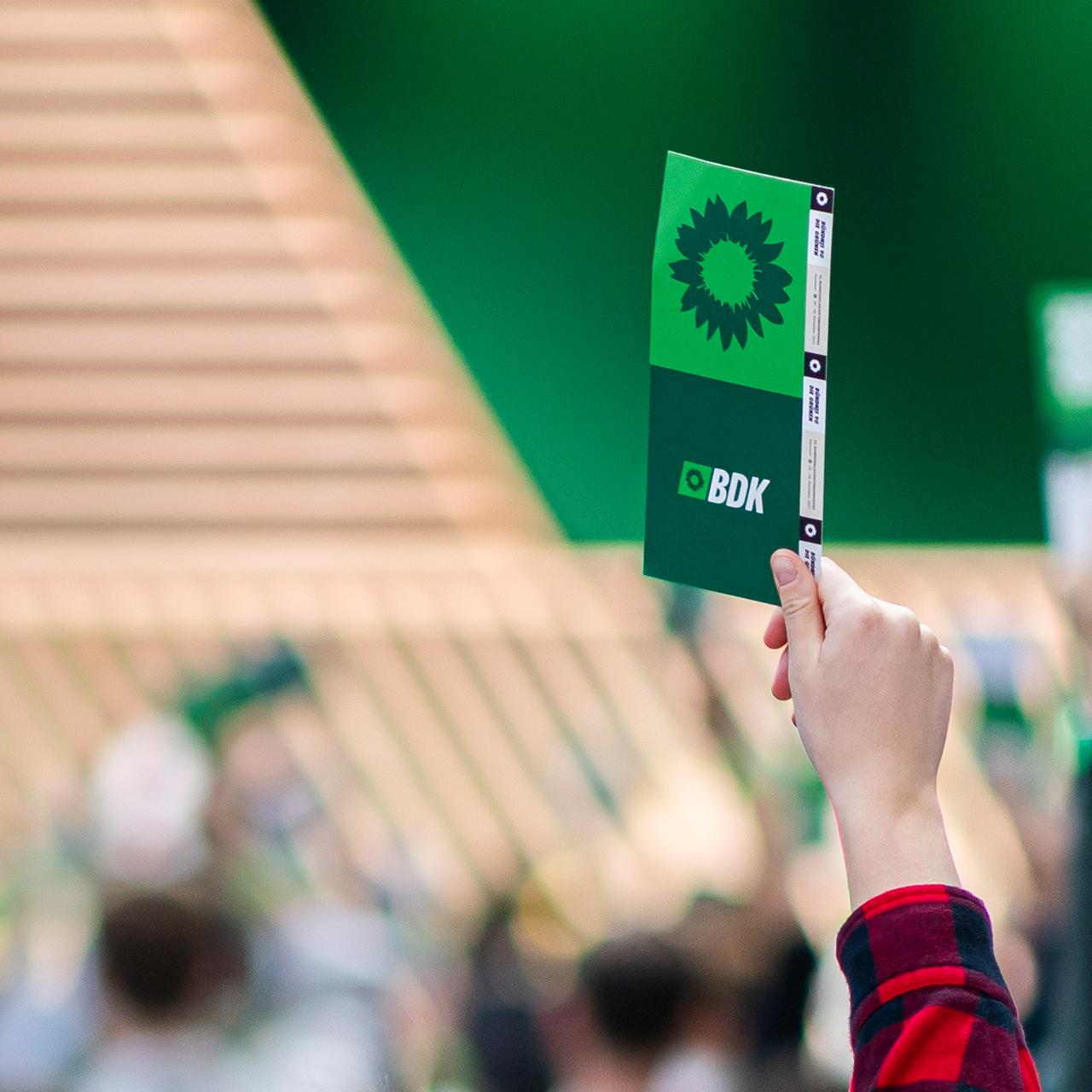 Delegierte halten ihre Stimmkarten während einer Abstimmung beim Bundesparteitag von Bündnis 90/Die Grünen hoch.