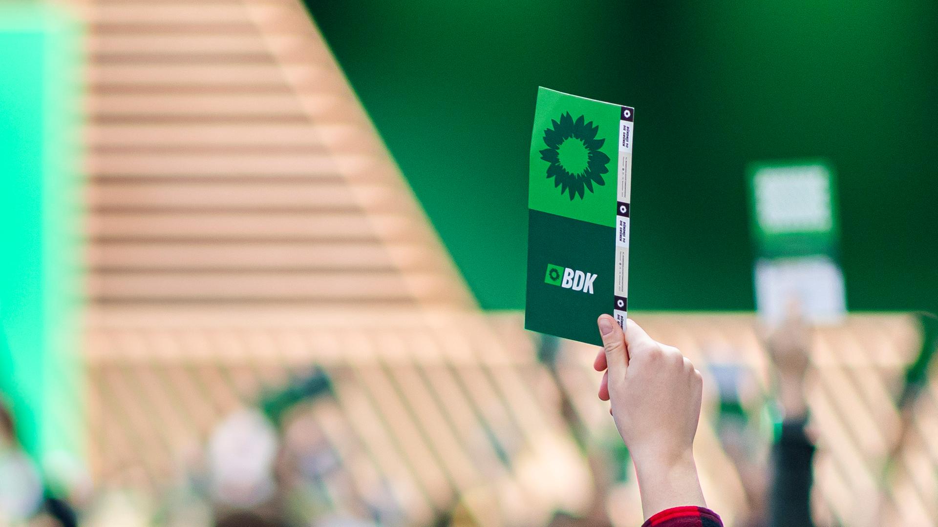 Delegierte halten ihre Stimmkarten während einer Abstimmung beim Bundesparteitag von Bündnis 90/Die Grünen hoch.