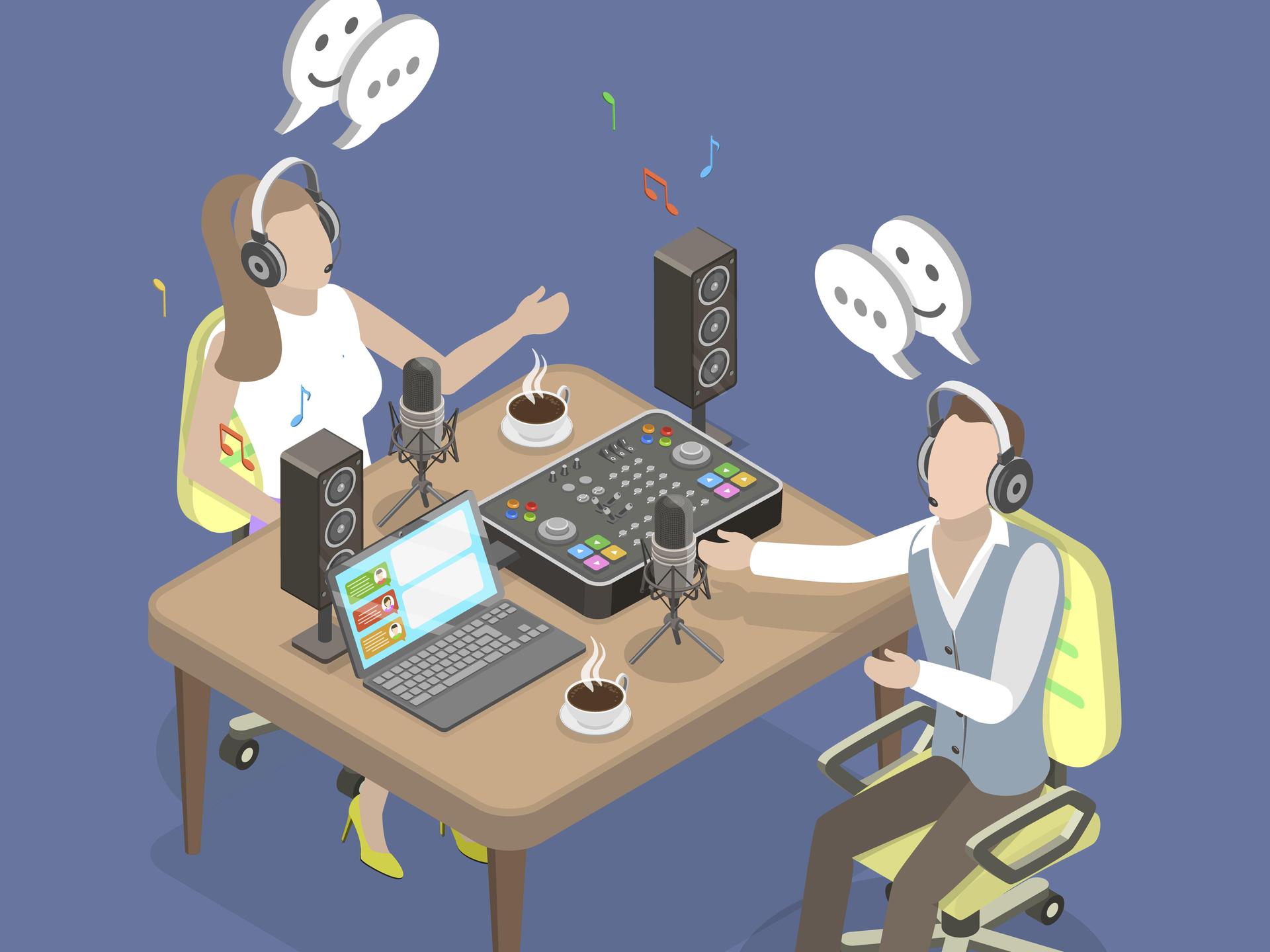 Symbolbild Podcast-Aufnahme als Comiczeichnung: eine Frau und ein Mann sitzen mit Headsets an einem Tisch mit Coumputern und Mischpult