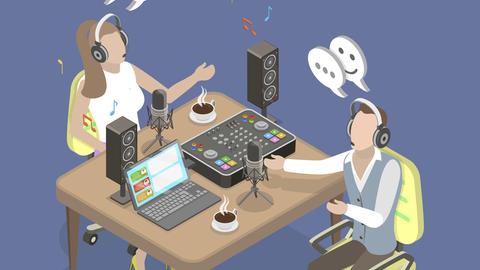Symbolbild Podcast-Aufnahme als Comiczeichnung: eine Frau und ein Mann sitzen mit Headsets an einem Tisch mit Coumputern und Mischpult