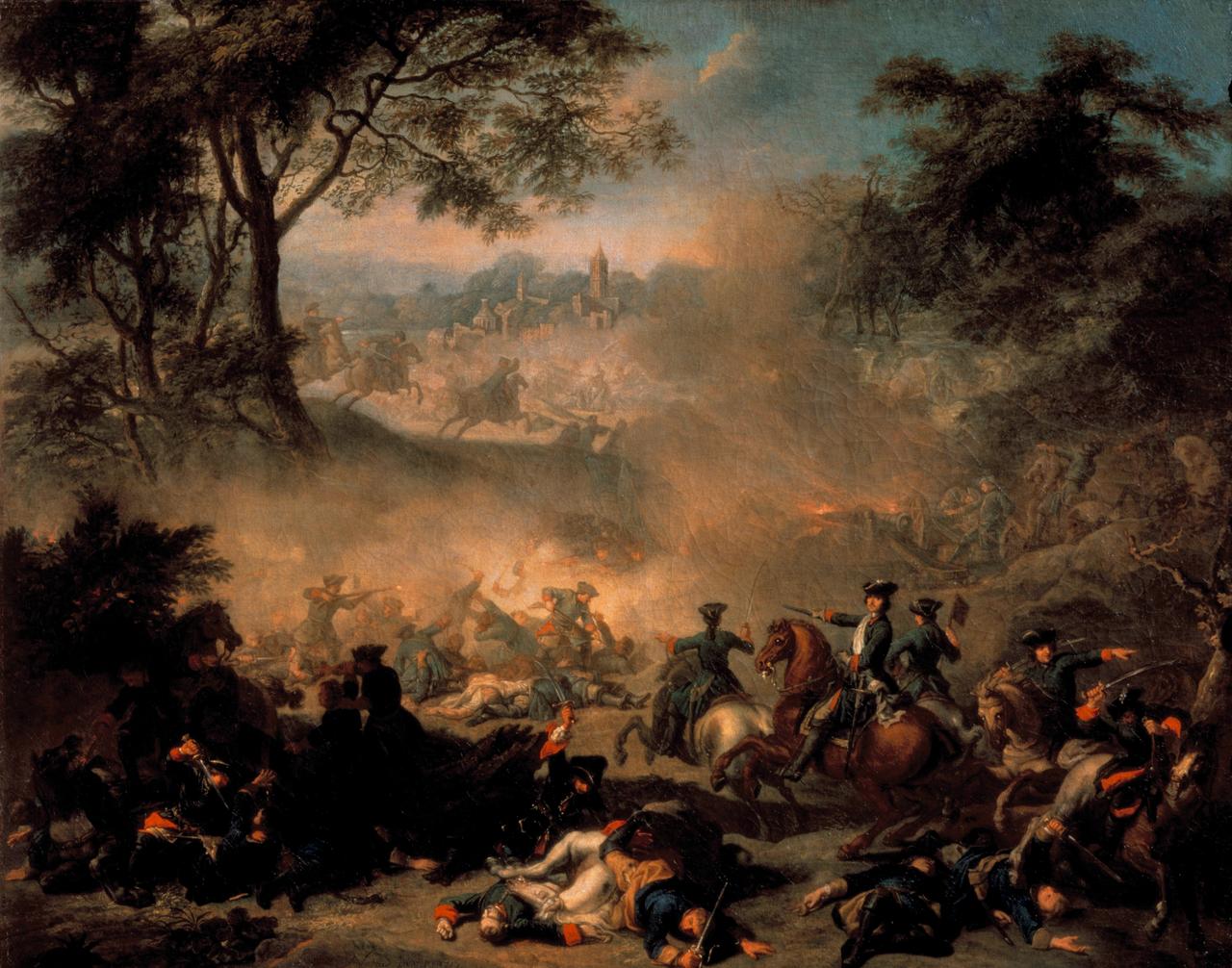 Ein Gemälde zeigt Soldaten auf Pferden und zu Fuß in der Schlacht: Gemälde von der Schlacht bei Poltawa 1709.