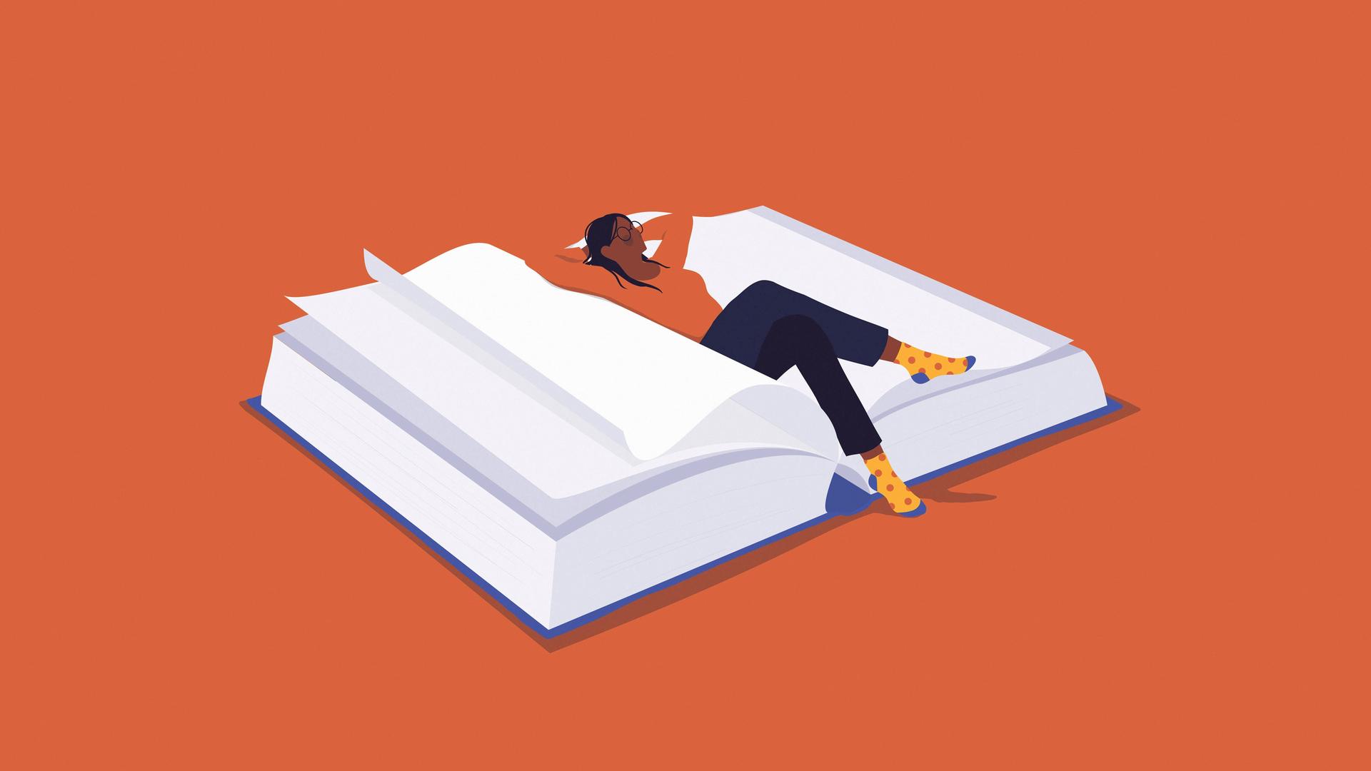 Illustration: Frau entspannt sichin einem Buch vor orangenem Hintergrund. 